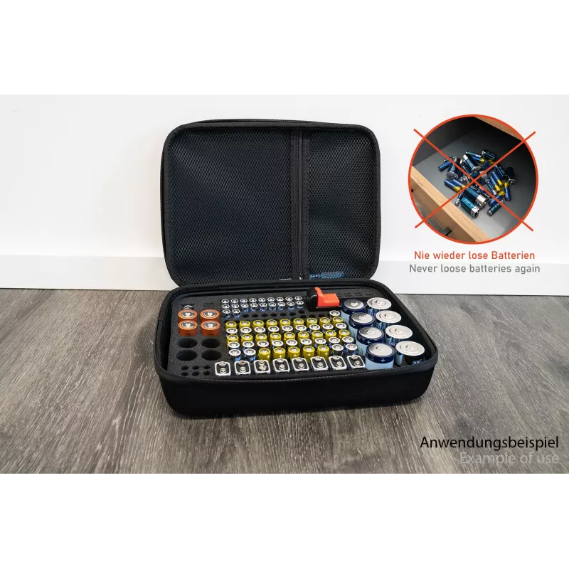 Kabelmeister Batterie-Aufbewahrungsbox mit integriertem Tester für AA, AAA, C, D, 9V und Knopfzellen - Schwarz