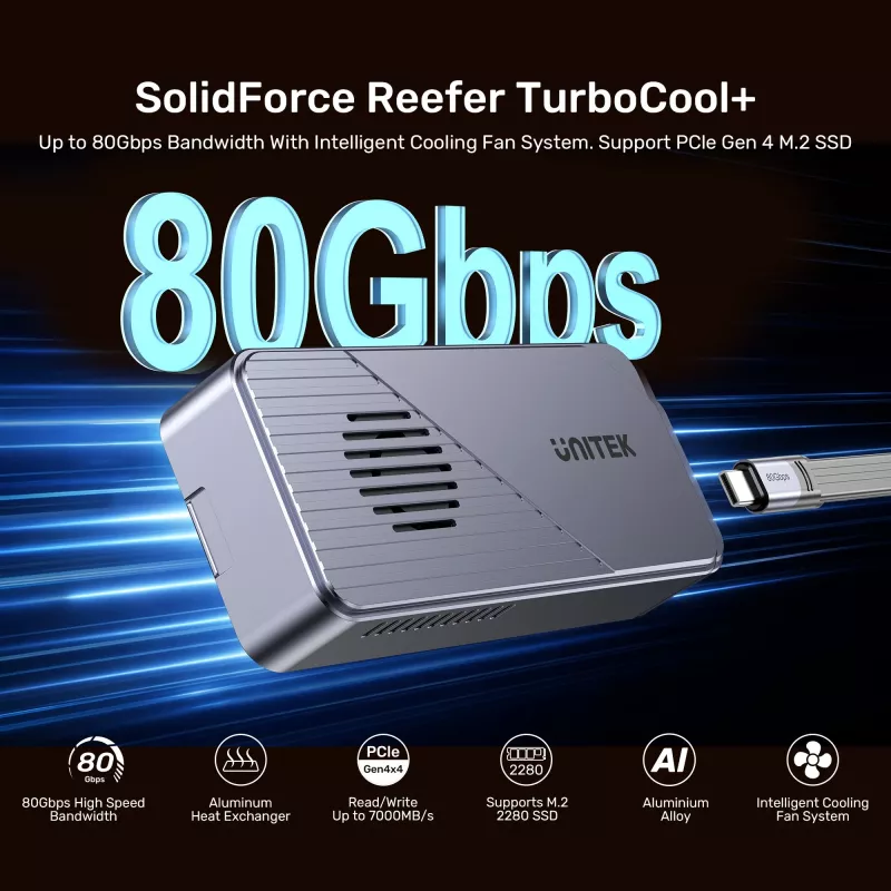 UNITEK USB4 M.2 NVMe SSD-Gehäuse mit aktiver Kühlung, 80Gbps, werkzeuglos, Aluminium, USB-C