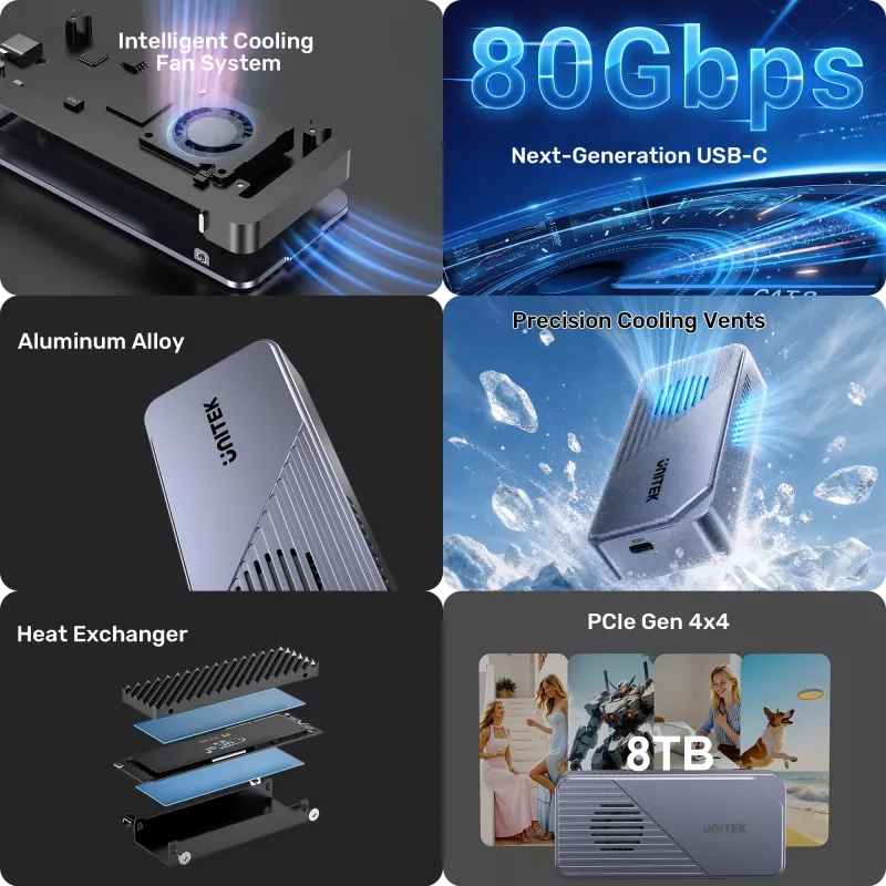 UNITEK USB4 M.2 NVMe SSD-Gehäuse mit aktiver Kühlung, 80Gbps, werkzeuglos, Aluminium, USB-C