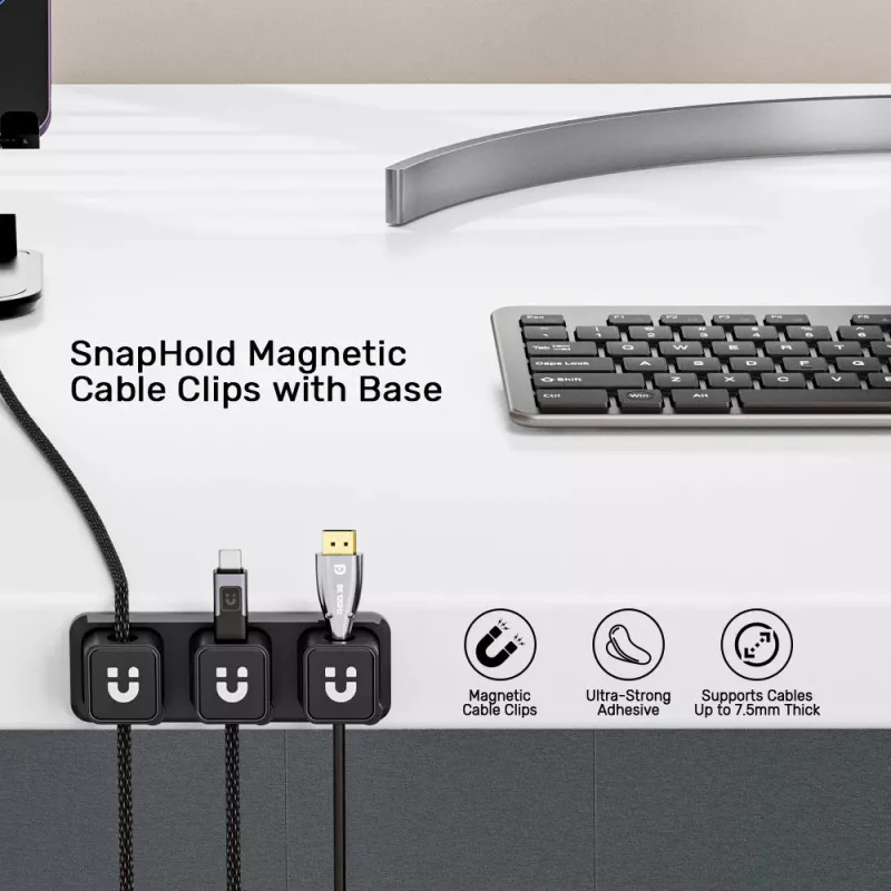 UNITEK SnapHold Magnetischer Kabelorganisator für den Schreibtisch (Set aus 3+1), Schwarz