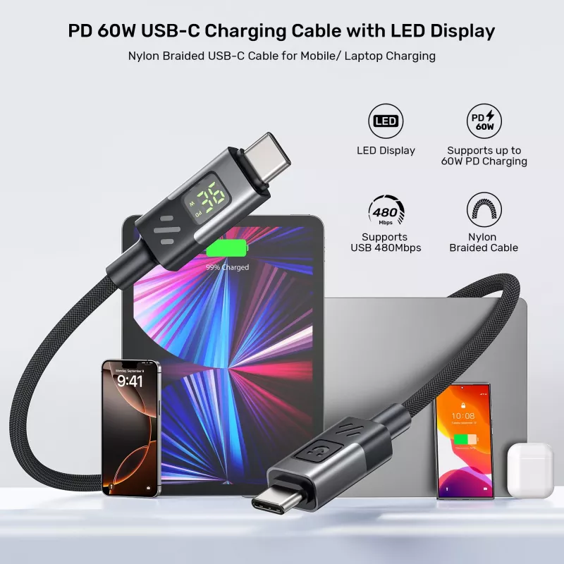 UNITEK USB-C auf USB-C Kabel mit LED-Leistungsanzeige 60W PD 480Mbps 1m geflochten Schwarz