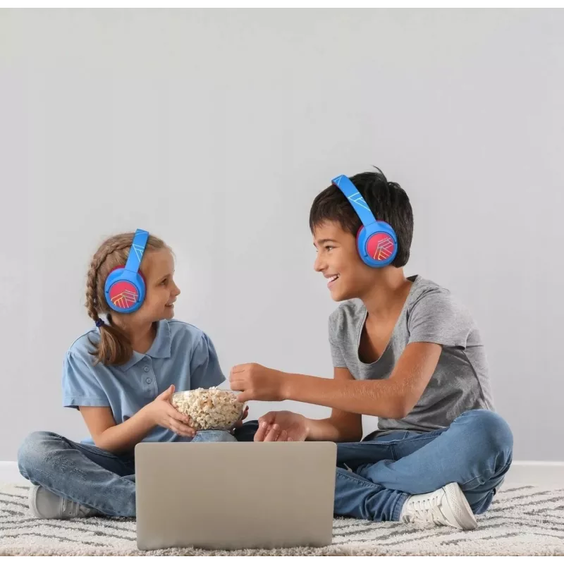PowerLocus Bobo Kids Wireless-Kopfhörer, LED, AUX, Blau/Rot