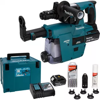 Makita DHR243JWX2 18V Bürstenloser SDS-Plus 3-Modus Akku-Schlagbohrhammer mit 2x 5,0Ah Akkus, Ladegerät und Makpac-Koffer