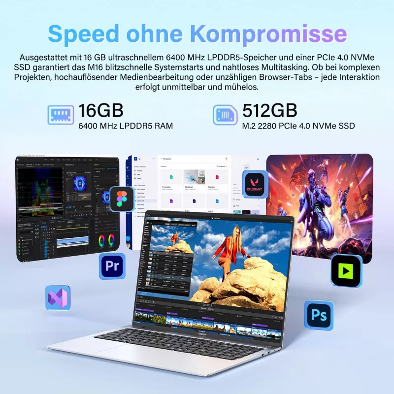 GEEKOM GeekBook M16 16 Zoll Laptop Intel Core Ultra 9 185H 16GB RAM 512GB SSD Windows 11 Pro Silber