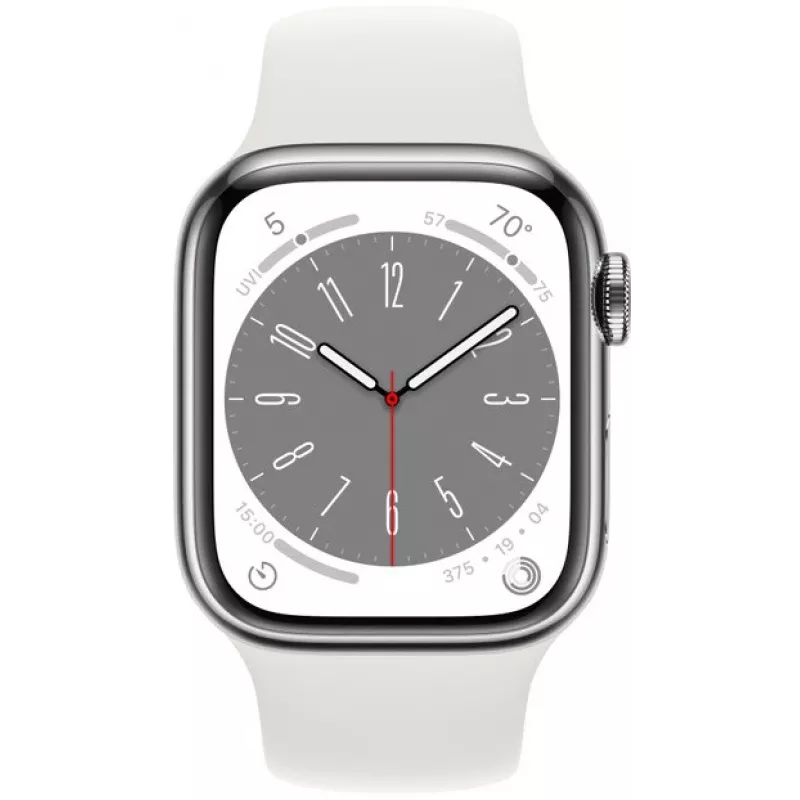 Apple Watch Series 8 GPS + Cellular 41mm Edelstahlgehäuse mit Sportarmband, Silber/Weiß (MNJ53EL/A)