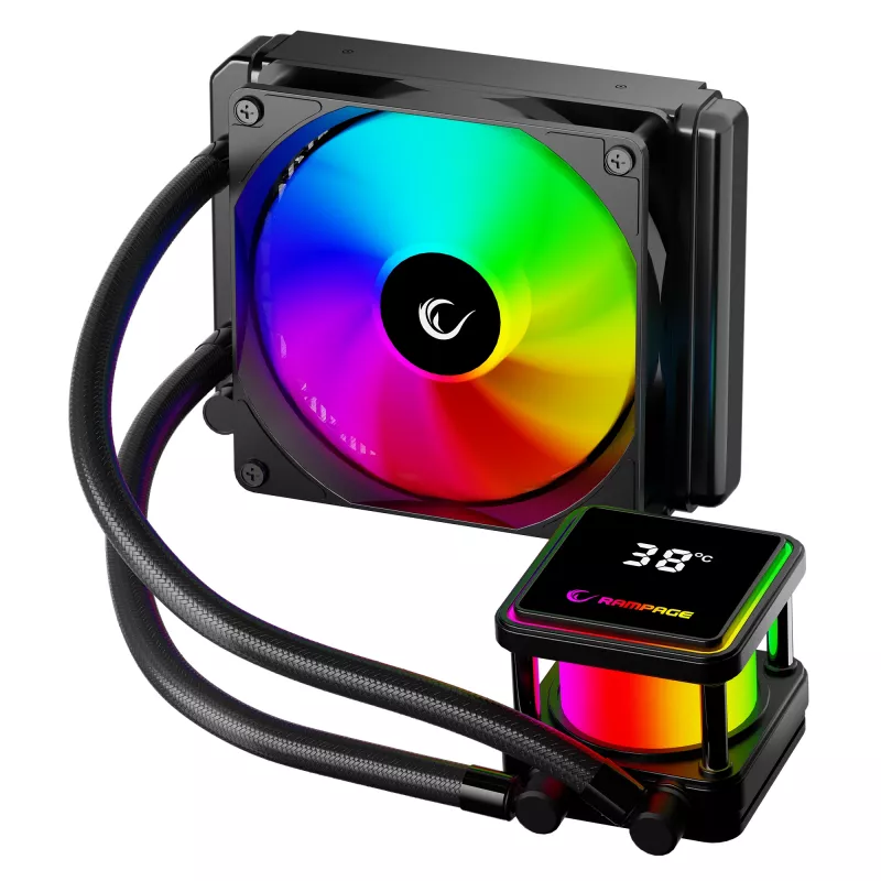 Rampage INFINITE V120 ARGB 120mm Flüssigkeits-CPU-Kühler mit Temperaturanzeige, Schwarz