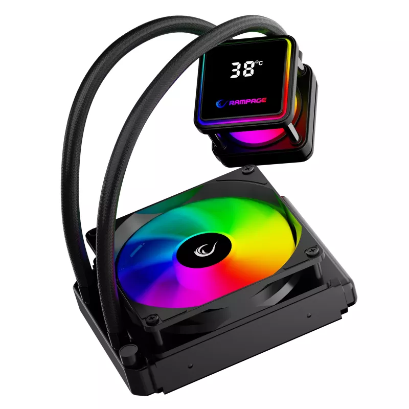 Rampage INFINITE V120 ARGB 120mm Flüssigkeits-CPU-Kühler mit Temperaturanzeige, Schwarz