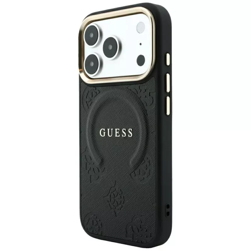 GUESS Saffiano Peony & Ring MagSafe-Hülle für iPhone 18 Pro / 17 Pro - Schwarz