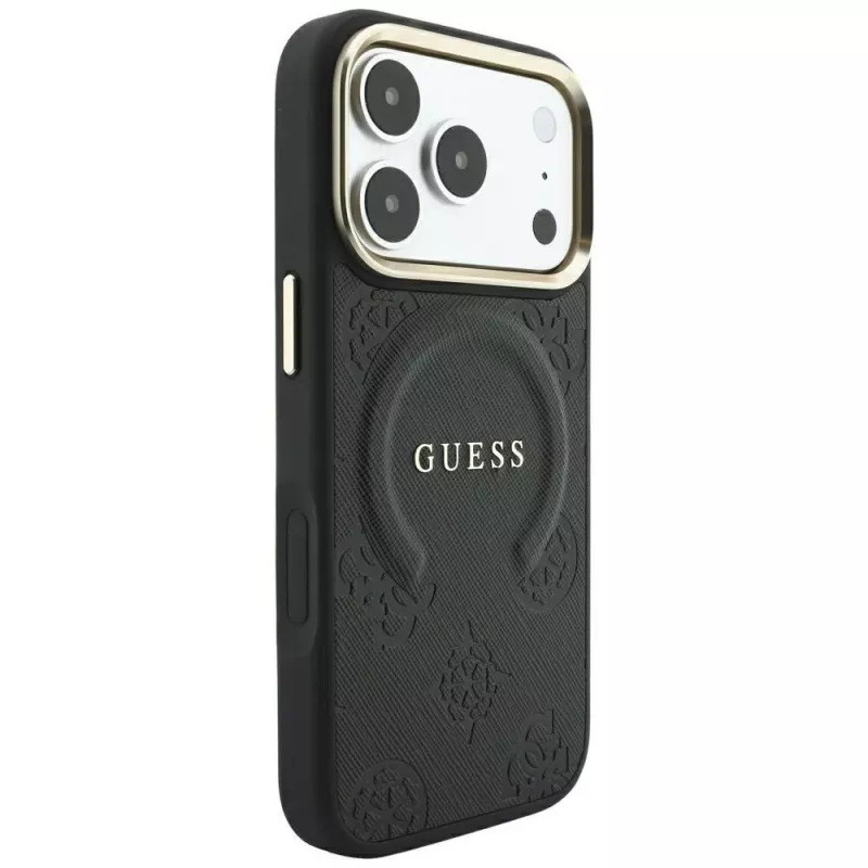GUESS Saffiano Peony & Ring MagSafe-Hülle für iPhone 18 Pro / 17 Pro - Schwarz