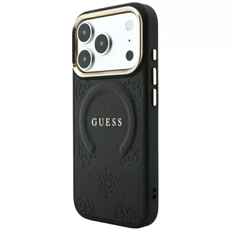 Guess Saffiano Peony & Ring MagSafe Hülle für iPhone 18 Pro Max / 17 Pro Max - Schwarz