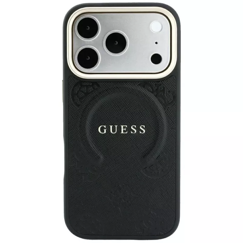 Guess Saffiano Peony & Ring MagSafe Hülle für iPhone 18 Pro Max / 17 Pro Max - Schwarz