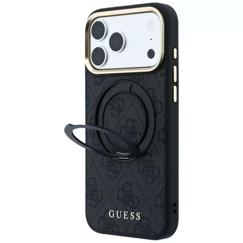 Guess Ring Stand 360 4G Classic Logo MagSafe Hülle für iPhone 18 Pro / 17 Pro, Schwarz