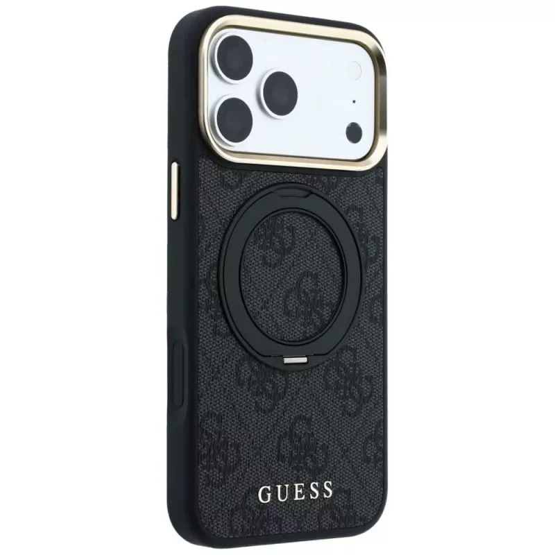 Guess Ring Stand 360 4G Classic Logo MagSafe Hülle für iPhone 18 Pro / 17 Pro, Schwarz