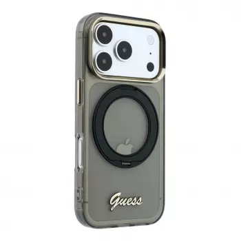 Guess IML Ring Stand 360 Script Metal Logo MagSafe Hülle für iPhone 17 Pro / 18 Pro - Schwarz