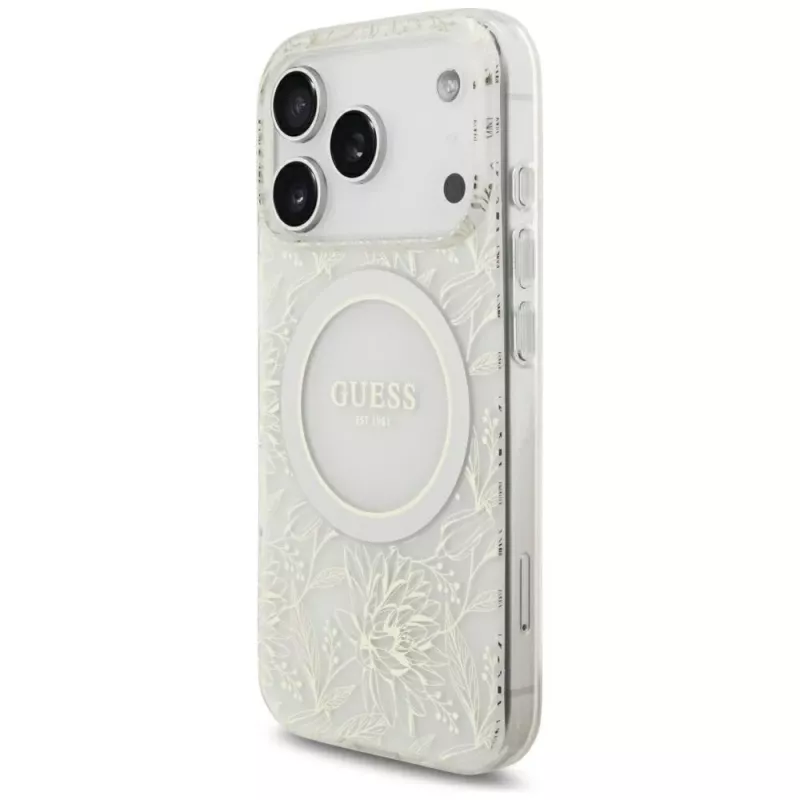 GUESS IML Flowers Allover Electroplated MagSafe-Hülle mit Perlenband für iPhone 18 Pro / 17 Pro - Weiß