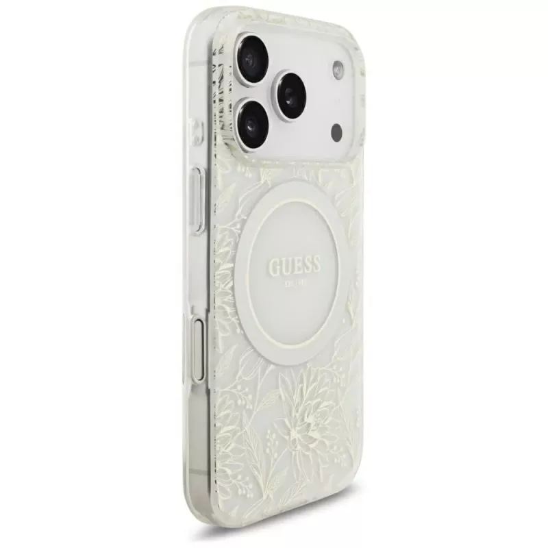 GUESS IML Flowers Allover Electroplated MagSafe-Hülle mit Perlenband für iPhone 18 Pro / 17 Pro - Weiß