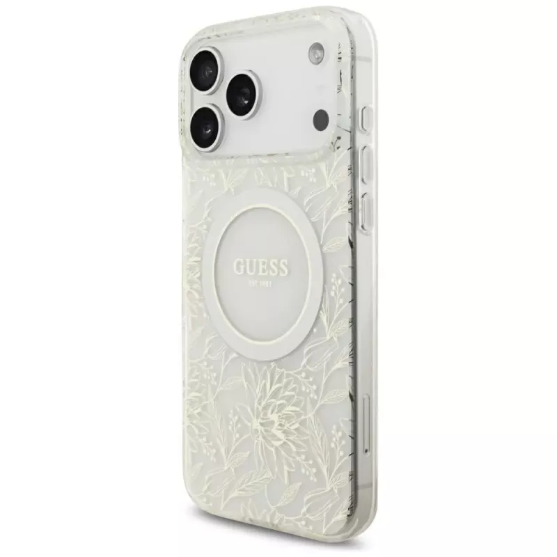 GUESS IML Flowers Allover Electroplated Case mit Perlenarmband MagSafe für iPhone 18 Pro Max / 17 Pro Max Weiß