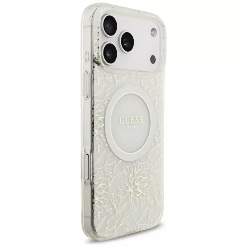GUESS IML Flowers Allover Electroplated Case mit Perlenarmband MagSafe für iPhone 18 Pro Max / 17 Pro Max Weiß