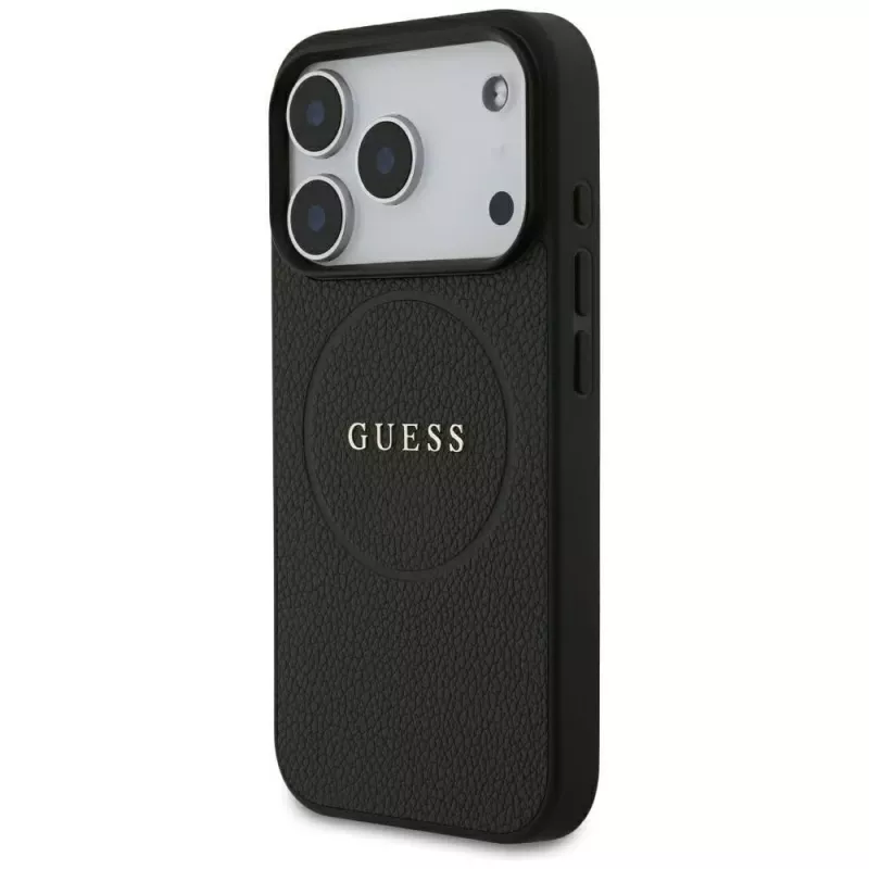 Guess Grained Gold Ring MagSafe Hülle für Apple iPhone 17 Pro / 18 Pro, Schwarz