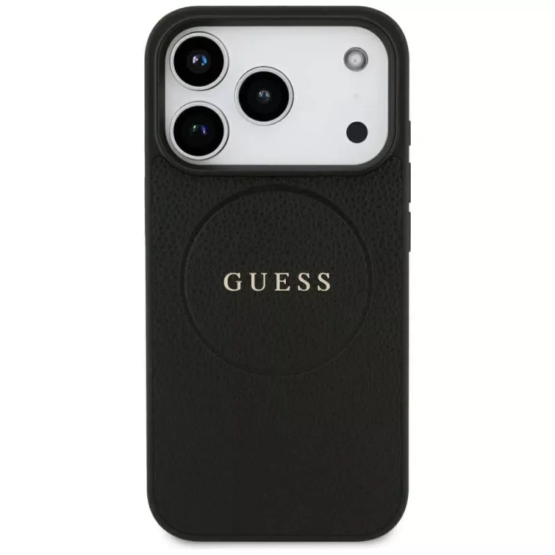 Guess Grained Gold Ring MagSafe Hülle für Apple iPhone 17 Pro / 18 Pro, Schwarz