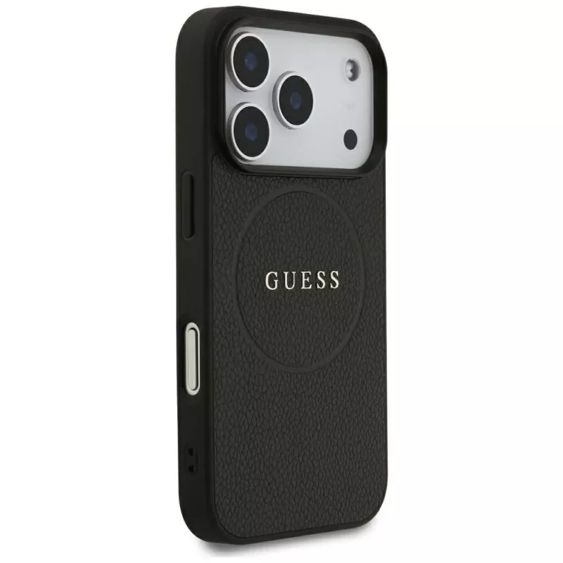 Guess Grained Gold Ring MagSafe Hülle für Apple iPhone 17 Pro / 18 Pro, Schwarz