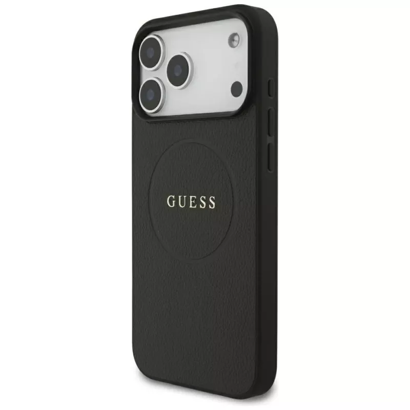 Guess Grained Gold Ring MagSafe Hülle für Apple iPhone 18 Pro Max / 17 Pro Max, Schwarz