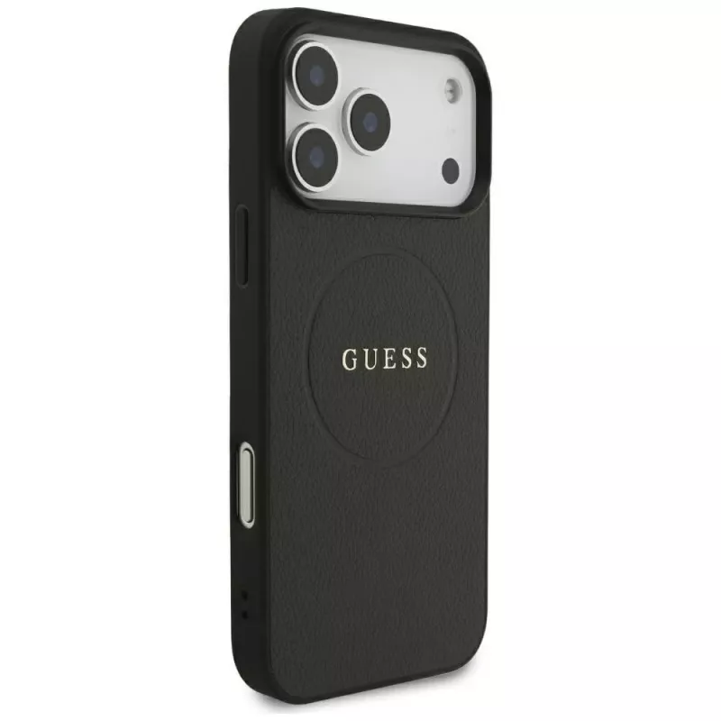 Guess Grained Gold Ring MagSafe Hülle für Apple iPhone 18 Pro Max / 17 Pro Max, Schwarz