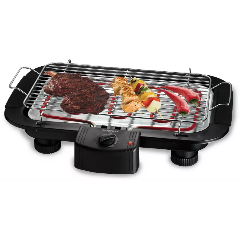 Techwood TBQ-836P Elektrischer Grill mit Stativ, 2000W, 36,5 cm verchromter Grill, Schwarz