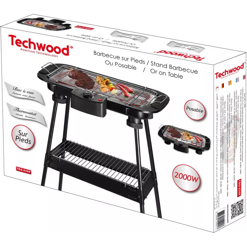 Techwood TBQ-836P Elektrischer Grill mit Stativ, 2000W, 36,5 cm verchromter Grill, Schwarz