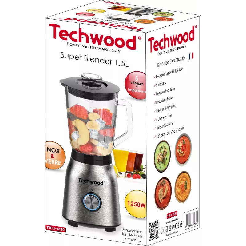 Techwood TBLI-1250 Tischmixer 1200 W 1,5 L Glasbehälter Schwarz/Silber
