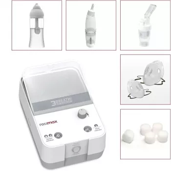 Rossmax NK1000 3-in-1 Kolbenkompressor-Vernebler mit Nasenspülung und Absauger, 2,5 μm Partikelgröße, >80 % Feinpartikeldosis, 0,35 ml/min Vernebelungsrate, 5 ml Medikamentenbecher, 10 ml Nasenspülkapazität, <60 dB Geräusch, Dauerbetrieb, Erwachsene & Kin
