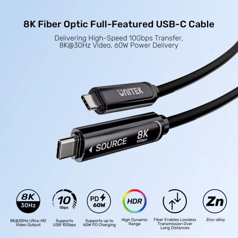 UNITEK USB-C aktives optisches Kabel 10m 10Gbps PD60W 8K@30Hz Schwarz