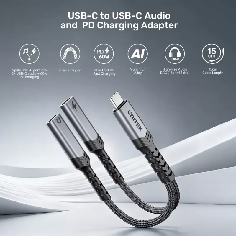 Unitek USB-C Audio- & Ladeadapter mit 60W Power Delivery, 15 cm, Space Grey