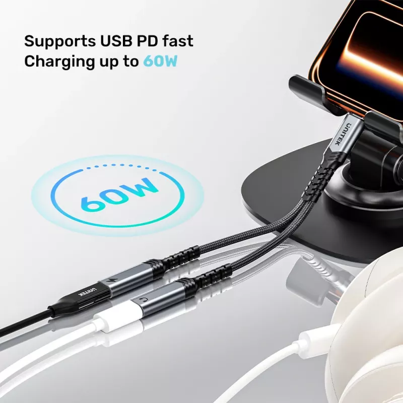 Unitek USB-C Audio- & Ladeadapter mit 60W Power Delivery, 15 cm, Space Grey
