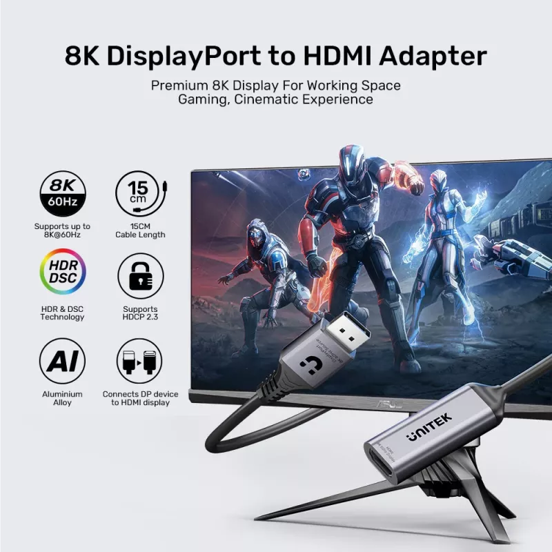 UNITEK DisplayPort auf HDMI 2.1 Adapter 8K@60Hz HDR 48Gbps 15cm