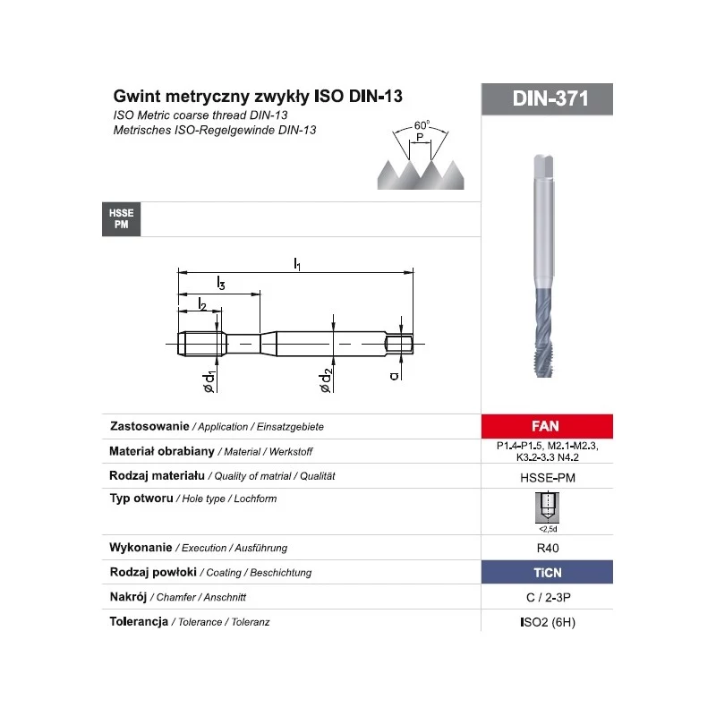 Gewindebohrer M10 DIN-371C R40 (6H) HSSE-PM TiCN FAN Maschinengewindebohrer