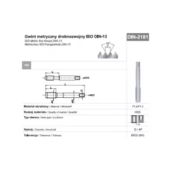M20 x 1,5 metrisches Feingewinde-Maschinen-Gewindebohrer, DIN 2181, 6H-Toleranz, HSS, blank