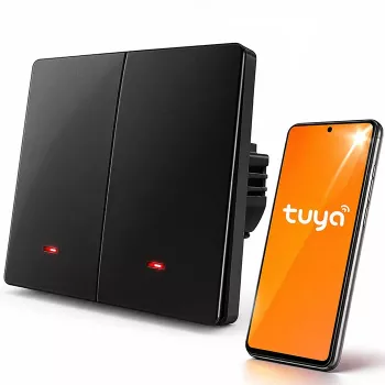 Qoltec 52708 Smart Wi-Fi 2-Kanal Lichtschalter mit Timer, Tuya Smart Life, Schwarz