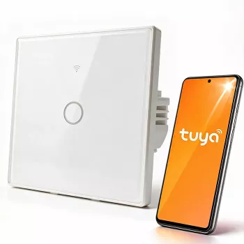 Qoltec 52715 Smart Wi-Fi Touch Light Switch, 1-Kanal, gehärtetes Glas, Weiß, Tuya/Smart Life, Timer, Sprachsteuerung