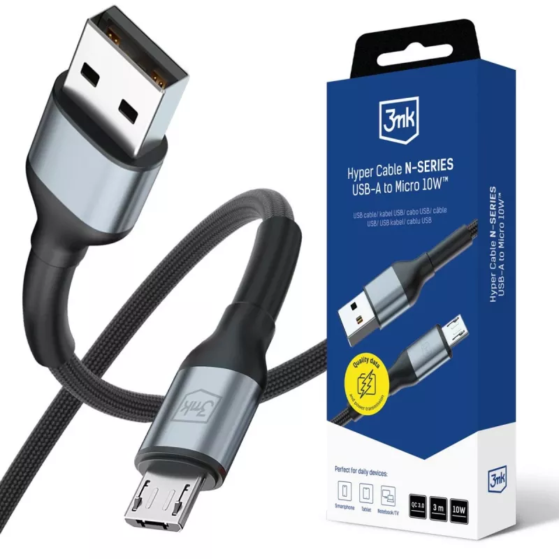 3mk Hyper Cable N-SERIES USB-A auf Micro 3m QC 3.0 5V/2A 10W Schwarz