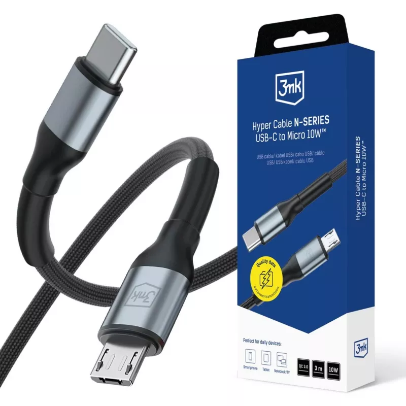 3mk Hyper Cable N-SERIES USB-C auf Micro-USB 3m QC 3.0 10W Schwarz