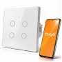 Qoltec 52718 Smart Touch 4-Kanal Wi-Fi Lichtschalter mit Timer, Tuya/Smart Life, gehärtetes Glas, Weiß