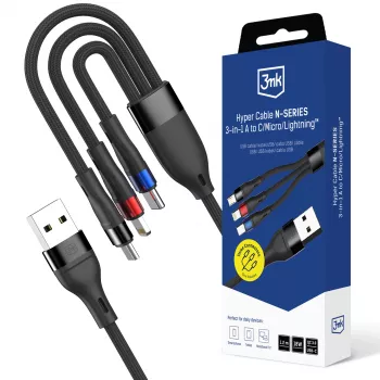 3mk Hyper Cable N-SERIES 3-in-1 USB-A auf USB-C/Lightning/MicroUSB 1,2m 9V/2A 18W Schwarz