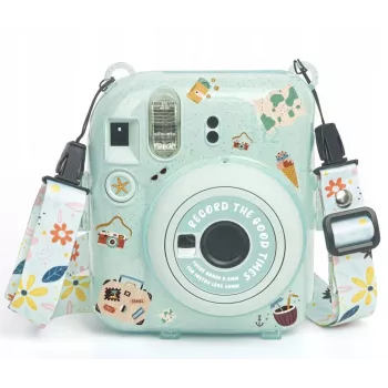 LOVEINSTANT Schutzhülle für Fujifilm Instax Mini 12 mit Stickern und Fototasche - Grün Glitzer