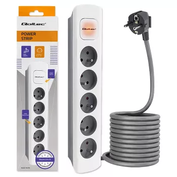 Qoltec 5-fach Steckdosenleiste mit Schalter, 1,8 m Kabel, Weiß-Grau