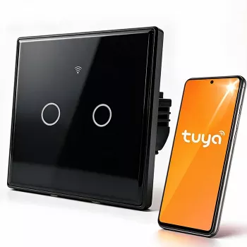 Qoltec 52712 Smart Touch 2-Kanal WLAN-Lichtschalter, gehärtetes Glas, Schwarz