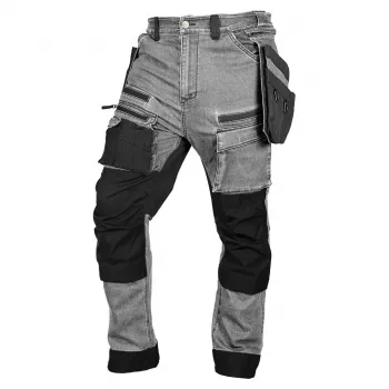NEO TOOLS Denim-Arbeitshose mit Cordura-Verstärkungen und abnehmbaren Holstertaschen, Grau, Größe XL
