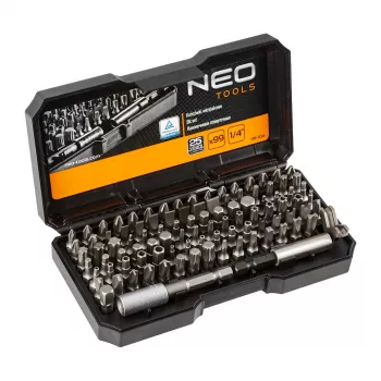 NEO TOOLS 99-teiliges Schraubendreher-Bit-Set mit Griff, S2-Stahl, 1/4 inch Sechskant, Schlitz, Phillips, Pozidriv, Torx, Sicherheits-Torx, Sechskant, Sicherheits-Sechskant, Vierkant, Spanner, Tri-Wing, Torq-Set, Clutch, magnetischer Bit-Halter, Adapter, Verl