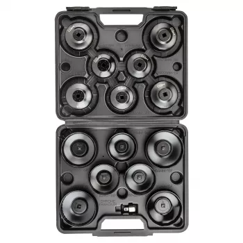 NEO TOOLS Ölfilter-Steckschlüsselsatz 16-teilig (65-100 mm, 3/8 Zoll Antrieb, Bechertyp, Mehrfachnut, Stahl, Kunststoffkoffer)