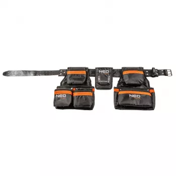 NEO TOOLS 84-330 Professioneller Werkzeuggürtel mit 12 Taschen, Heavy-Duty-Polyester, Schnellverschluss-Schnalle, verstellbar 80-120 cm, Schwarz/Grau